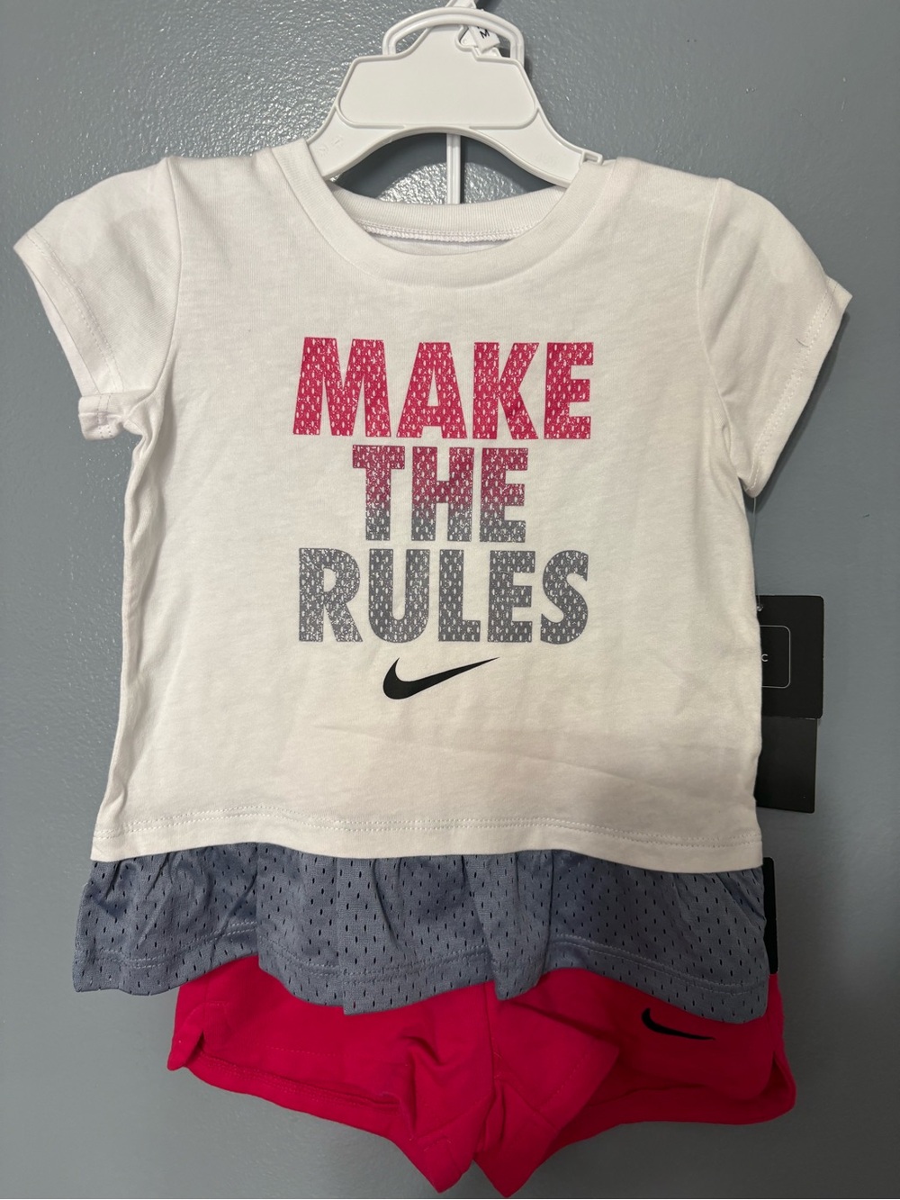 Nike White Tee with Pink & Gray 'MAKE THE RULES' Graphic